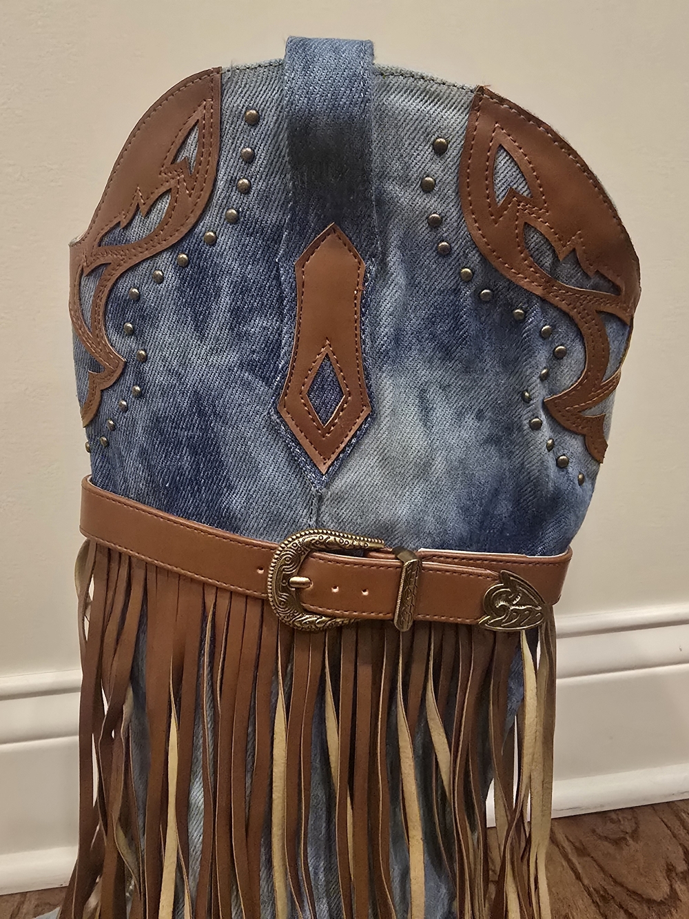 Blue Denim Fringe Western Knee Boots - Women's - Picture 3 of 11